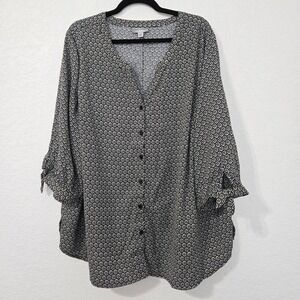 Catherines 2X Black & White Print Button Down 3/4 Sleeve‎ Tunic Top